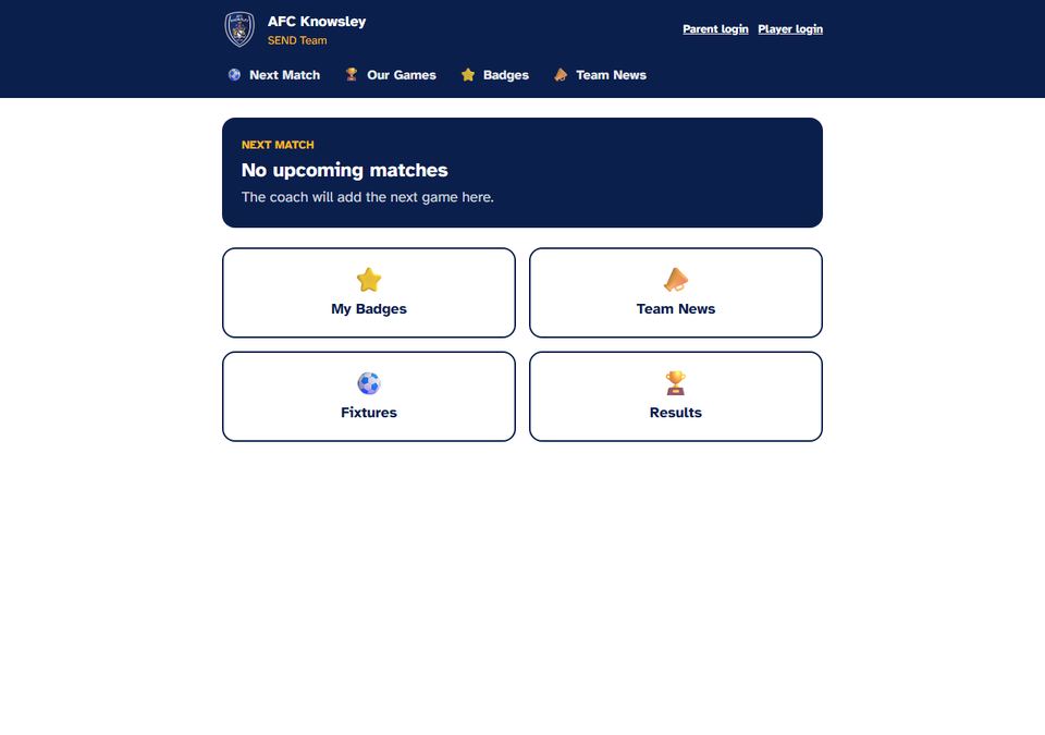 Real screenshot of the AFC Knowsley app